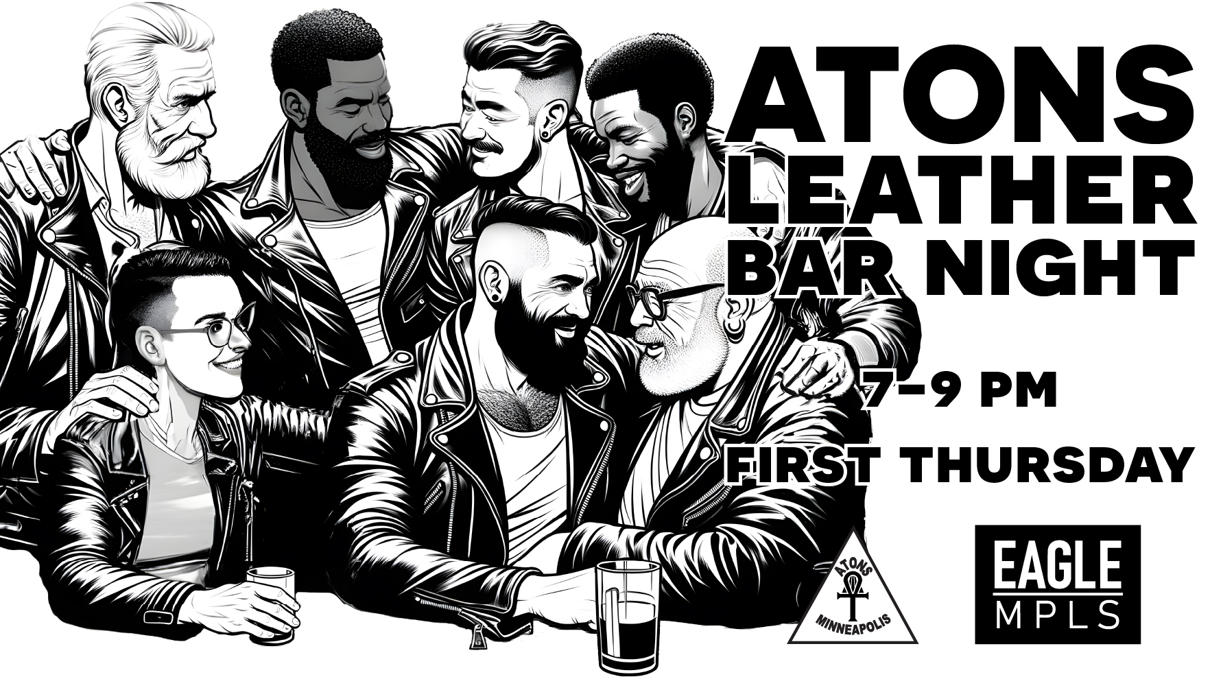 Group of people in leather jackets socializing; ATONS Leather Bar Night event, 7-9 PM, First Thursday."